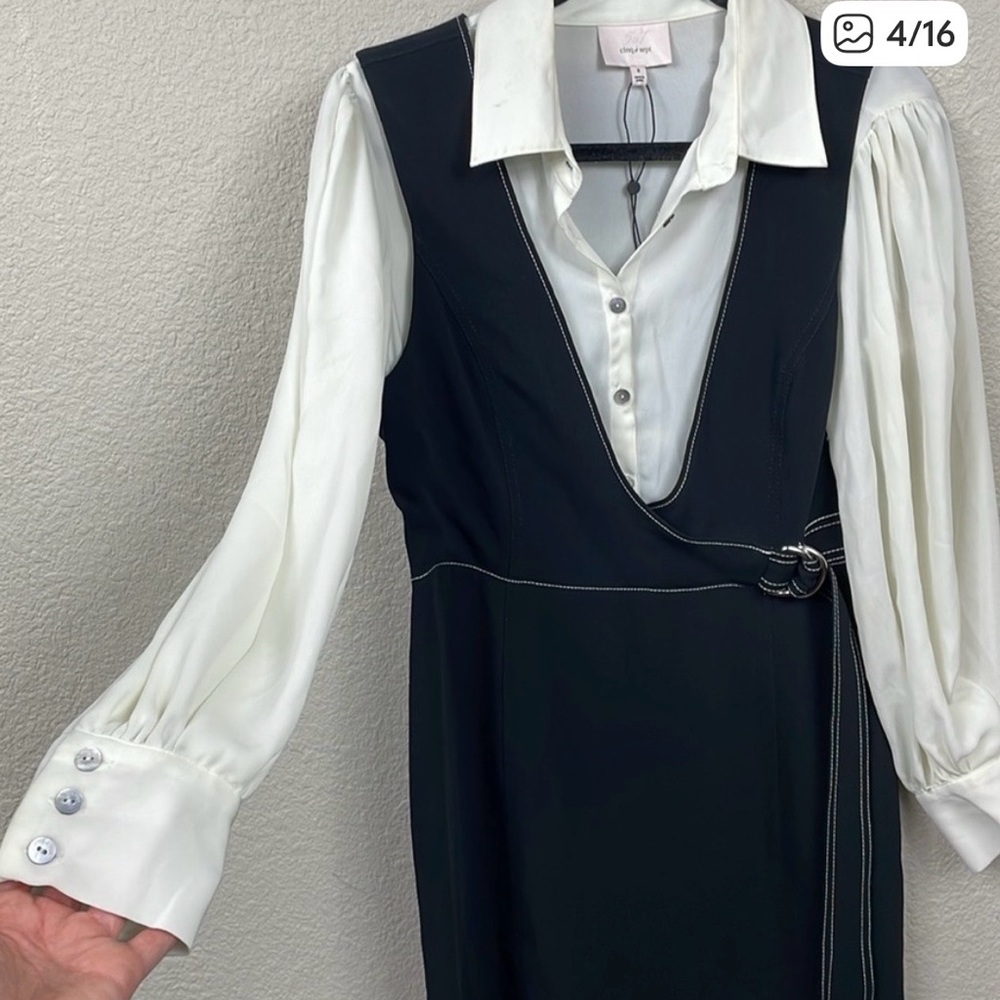 New Cinq a Sept Ambre Belted Midi Combo Crepe Shirt Dress Black White Sz 8 - Picture 5 of 10